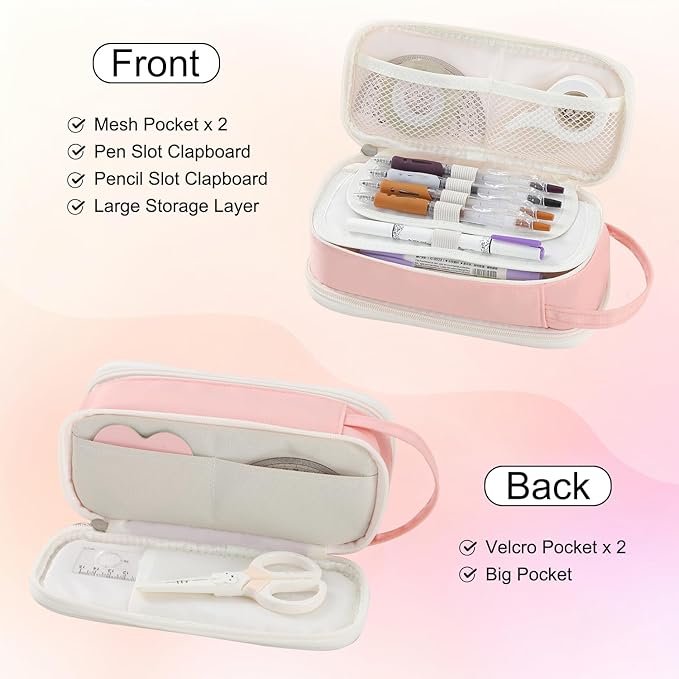 Pencil Case Large Zipper Pencil Pouch for Girls Kids Teens Adults Aesthetic Pencil Bag Stationery Organizer Pen Pencil Case with Handle for School Pink-DeskLoop Office