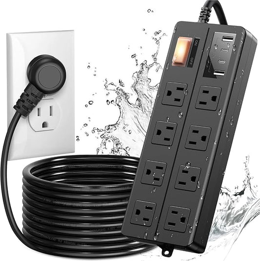 IPX6 Outdoor Power Strip Weatherproof, Waterproof Surge Protector with 8 Wide Outlet with 2A2C USB Ports, 15FT Long Extension Cord, Wall Mountable for Outside Decorations and More UL Listed(Black)-DeskLoop Office