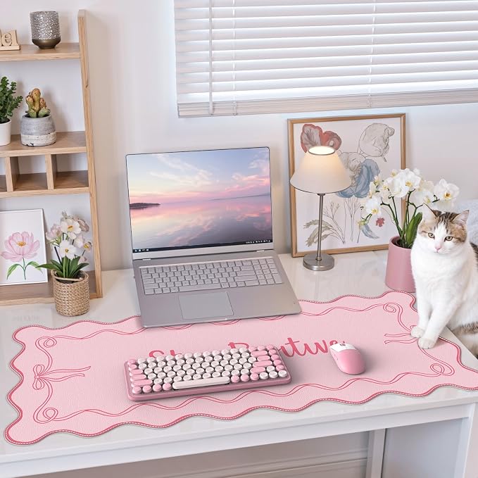 iCasso Pink Mouse Pad, Scalloped Desk Cover Mat, Leather Waterproof Desk Pad Mat - Image 6