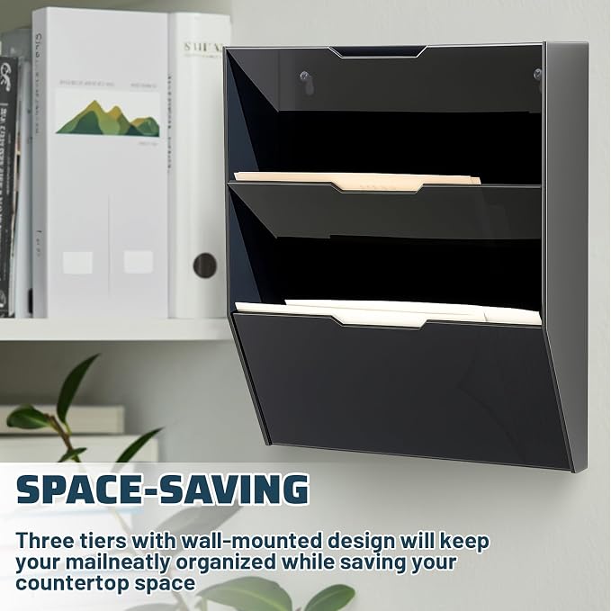 Chunful 3 Tier Mail Sorter Letter Wall Holder Black Acrylic Wall Mounted Mail - Image 6