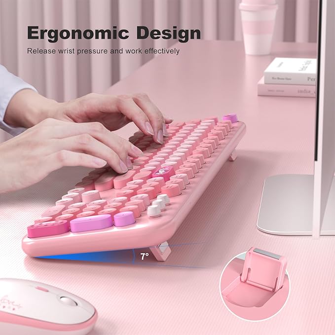 MOFII Wireless Keyboard and Mouse Combo, Full Size 2.4G Plug and Play Typewriter Retro Round Computer Keyboard and Mouse Set for Windows, Computer, Desktop, PC, Notebook - (Pink Colorful)-DeskLoop Office