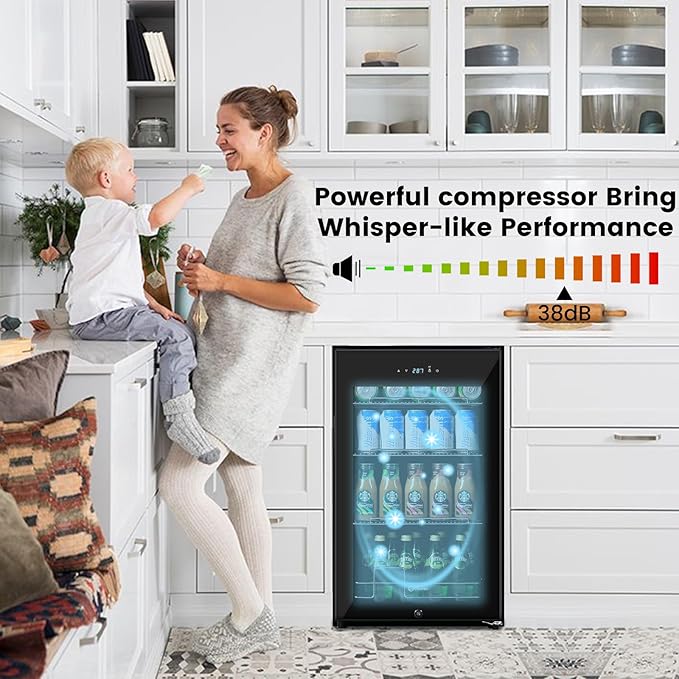 17 Inch Black Beverage Refrigerator Cooler, 96 Cans Mini Fridge with Glass Door&Lock, Beer Fridge for Soda Water or Wine, Drink Refrigerator for Home Office Bar Bedroom-DeskLoop Office