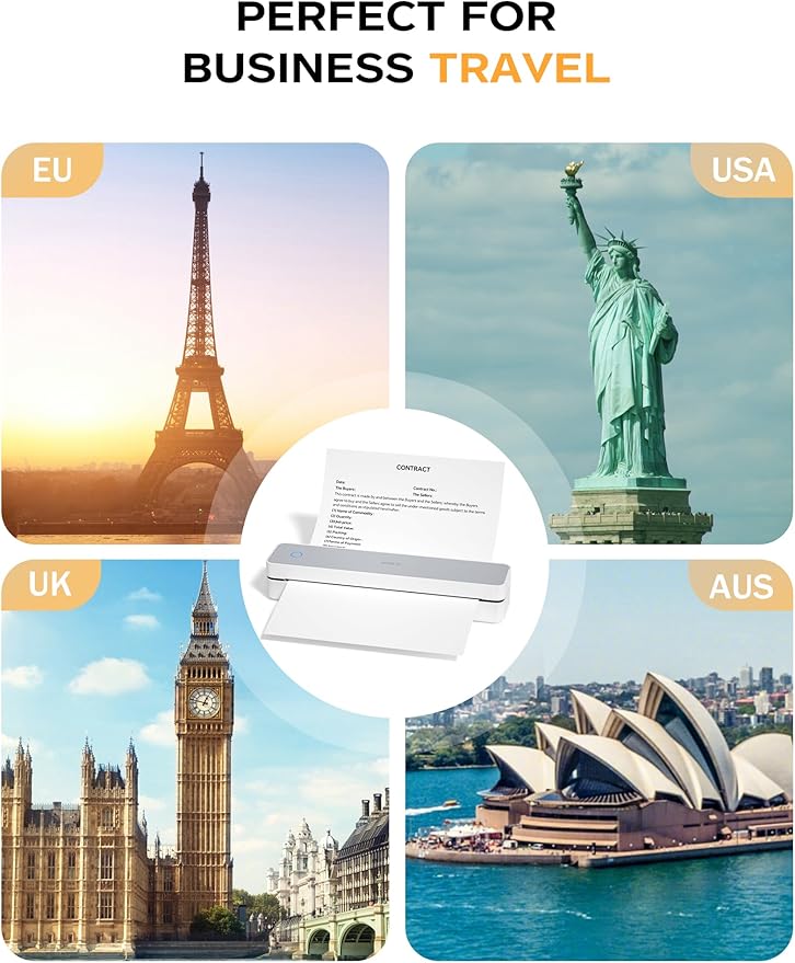 PRT Portable Printer Wireless for Travel, Inkless Bluetooth Small Mobile Thermal Printer, Support 8.5" X 11", A4, Compatible with iOS, Android, Laptop for Home Use, Office & Vehicles, 300 DPI, White-DeskLoop Office