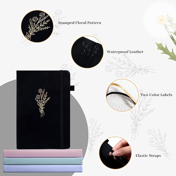 Lined Journal Notebook for Women Cute Leather Journals for Writing Aesthetic Floral Diary 192 Pages A5 Hardcover Journaling Notebooks with Pen Loop, 5.7 x 8.3 In, Black-DeskLoop Office