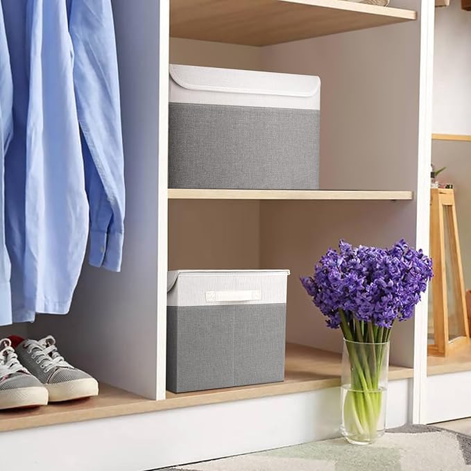 Large 22 Quart Linen Fabric Foldable Storage Bin Cube Organizer Basket with Flip-Top Lid & Handles, Clothes Blanket Box for Home, Office, Closet, Gray & White, 4 Pack 14.6 x 9.5 x 9.5”-DeskLoop Office