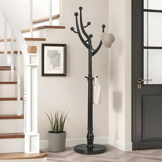 Wood Coat Rack Coat Tree Freestanding with Hooks, Heavy Duty Standing Coat Rack with Solid Round Base, 74” Tree Shaped Coat Hanger Stand for Clothes, Hat, Jacket, Entryway Bedroom, Balck-DeskLoop Office