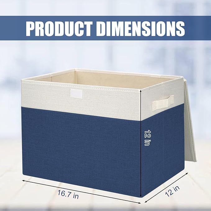Large 17" 42 Quarts Collapsible Stackable Storage Bins with Lids [3-Pack] Foldable Fabric Linen Storage Boxes Cube, Closet Organizer Baskets with Label for Home (16.7 x 12 x 12", Navy Blue & White)-DeskLoop Office