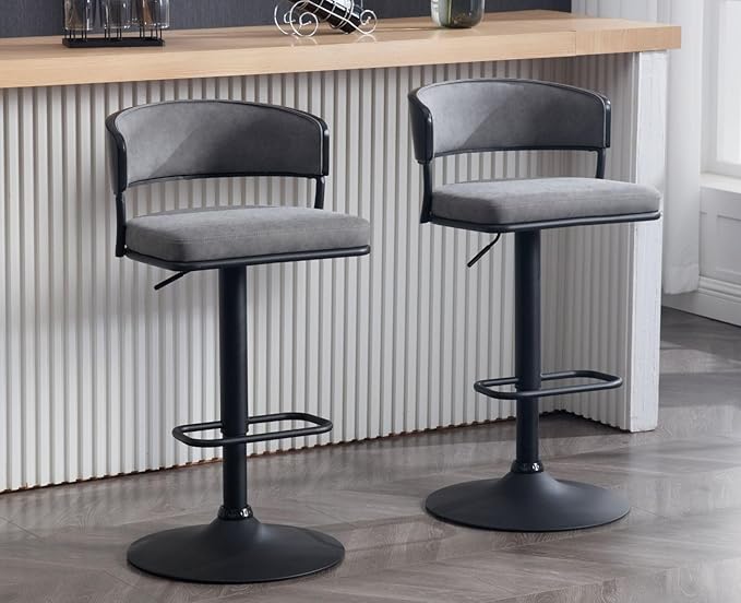 Adjustable Modern Bar Stools Set of 2 Faux Leather Barstools Swivel Counter Height Bar stools with Curved Back/Black Metal Base Comfy Upholstered Bar Chairs for Kitchen Island, Grey-DeskLoop Office