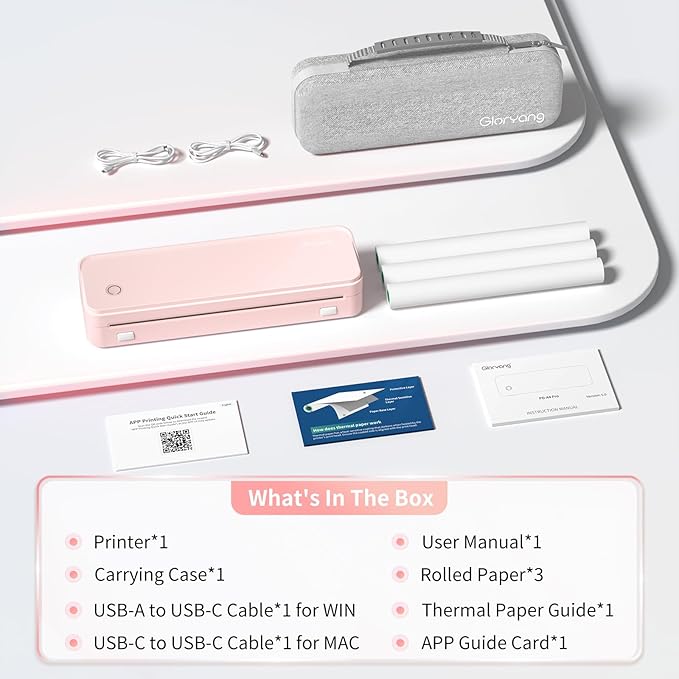 Inkless Portable Printer for Travel, Wireless Thermal Printer Supports 8.5 x 11 Inch US Letter Size, Bluetooth Machine Includes Carry Case and 3 Rolls of Thermal Paper Kit, Pink-DeskLoop Office