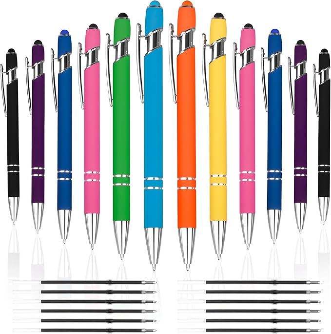 12 PCS 2 in 1 Stylus Ballpoint Pen with Stylus Tip, 1.0 mm Black Ink Metal Pen Stylus Pen for Touch Screens (Silver & Mix-1)-DeskLoop Office