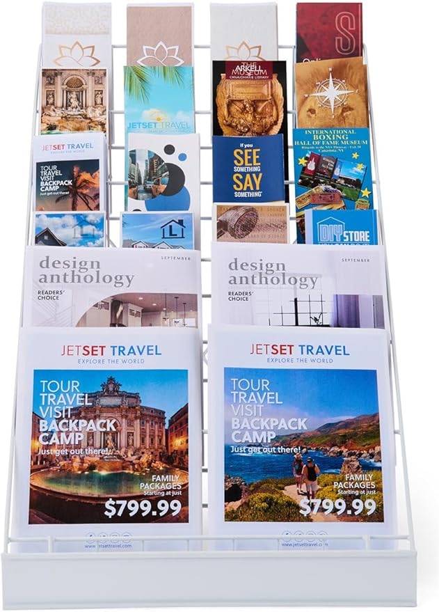 Displays2go Wire Magazine Rack with 6 Open Tiers, Holds Both Magazines and Brochures, Includes Sign Channel at the Front - White Wire-DeskLoop Office