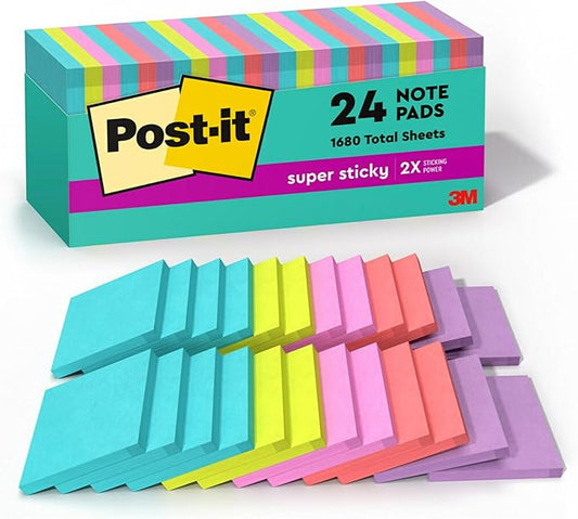 Post-it Super Sticky Notes, 24 Sticky Note Pads, 3 x 3 in., School Supplies, Office Products, Sticky Notes for Vertical Surfaces, Monitors, Walls and Windows, Supernova Neons Collection-DeskLoop Office
