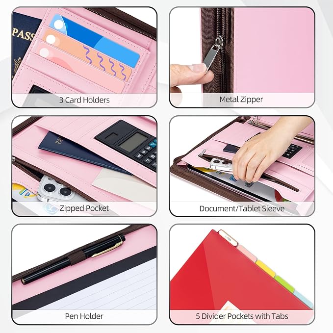 Ospelelf Pink Leather Portfolio Binder 3 Ring, Zippered Clipboard Folder - Image 4