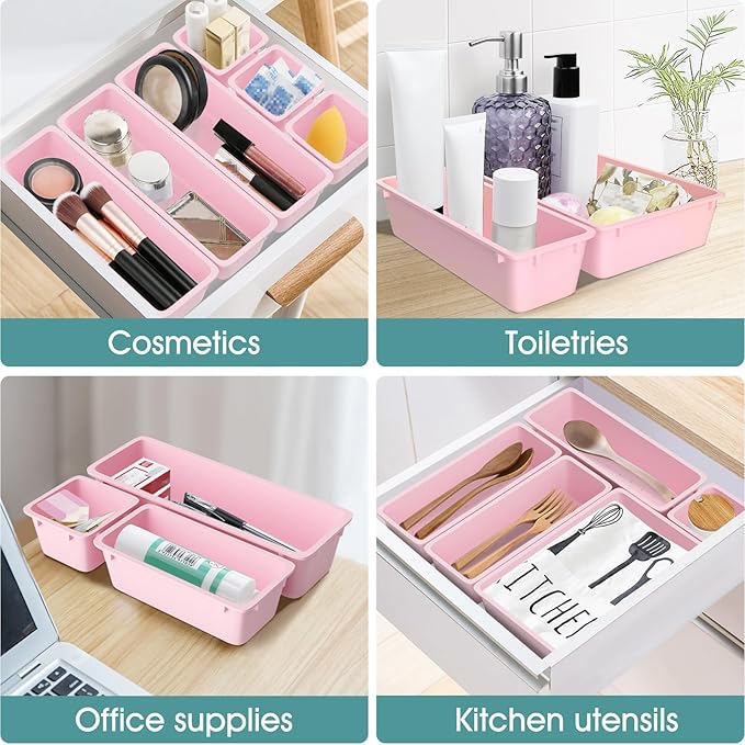 WOWBOX 25 PCS Plastic Drawer Organizer Set, 4 Sizes Desk Drawer Divider Organizers and Storage Bins for Makeup, Jewelry, Gadgets for Kitchen, Bedroom, Bathroom, Office, Pink-DeskLoop Office
