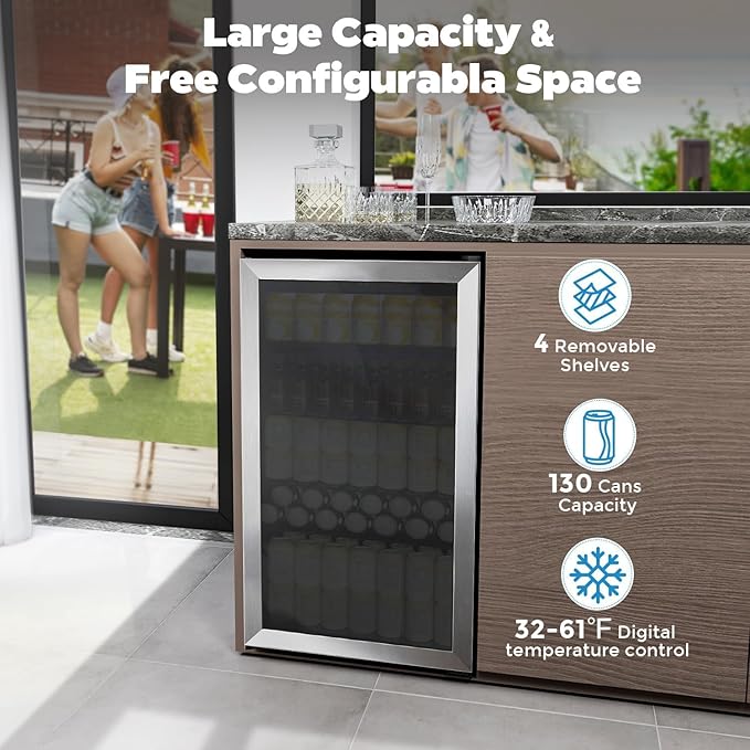 Kndko Beverage Refrigerator Cooler - 130 Can Mini Fridge with Adjustable Shelves, Glass Door, Digital Temperature Control, LED Lighting, Energy Efficient for Home, Office, Bar - 3.2 Cu.Ft, Silver-DeskLoop Office
