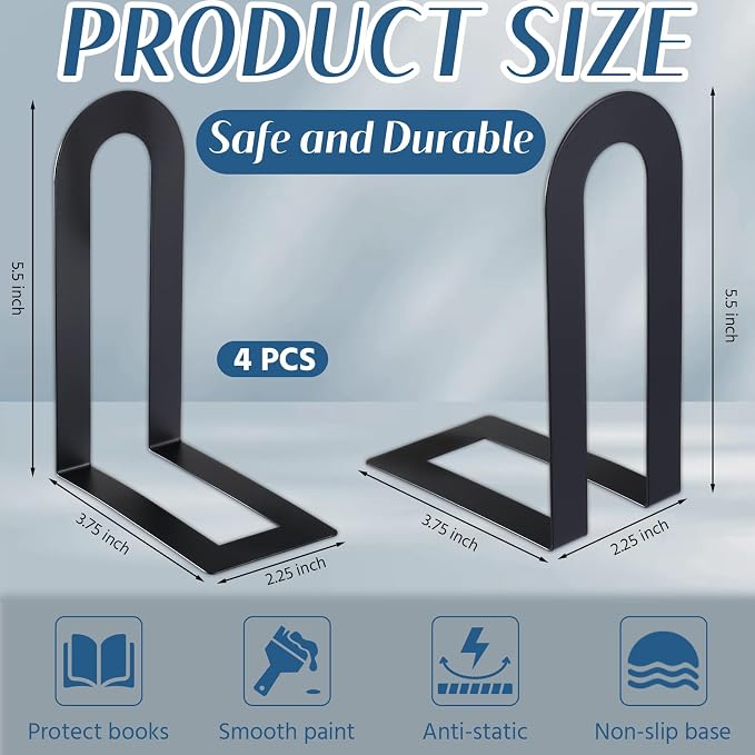 Chunful 4 Pcs Black Modern Metal Book Ends - Image 3