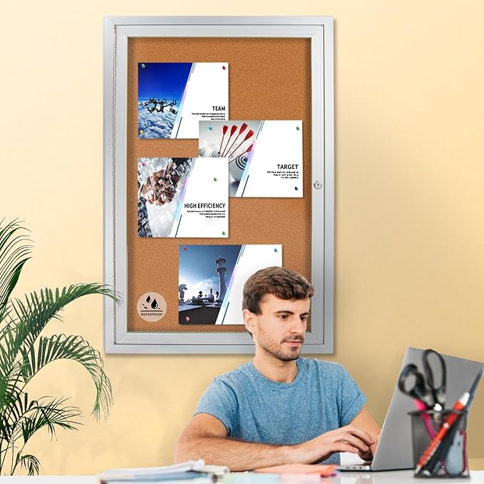 Lockable Outdoor Enclosed Bulletin Board, Weatherproof Cork Noticeboard with Locking Door, Wall-Mounted Aluminum Framed Display Case for Messages,36x24in (5xA4)-DeskLoop Office