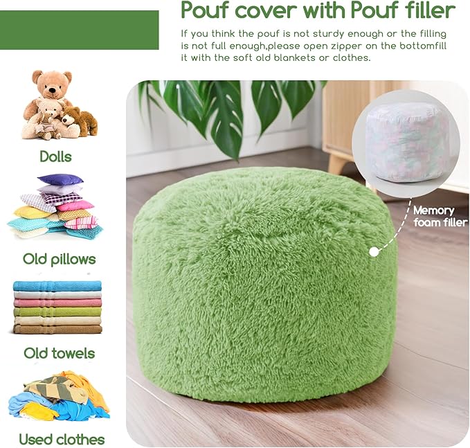 HIGOGOGO Round Stuffed Pouf Ottoman, Long Faux Fur Poufs with Foam Chunk Filling, Fluffy and Furry Pouf Foot Stool Storage Ottoman, 20 X 15 Floor Poufs Foot Rest for Living Room, Green-DeskLoop Office