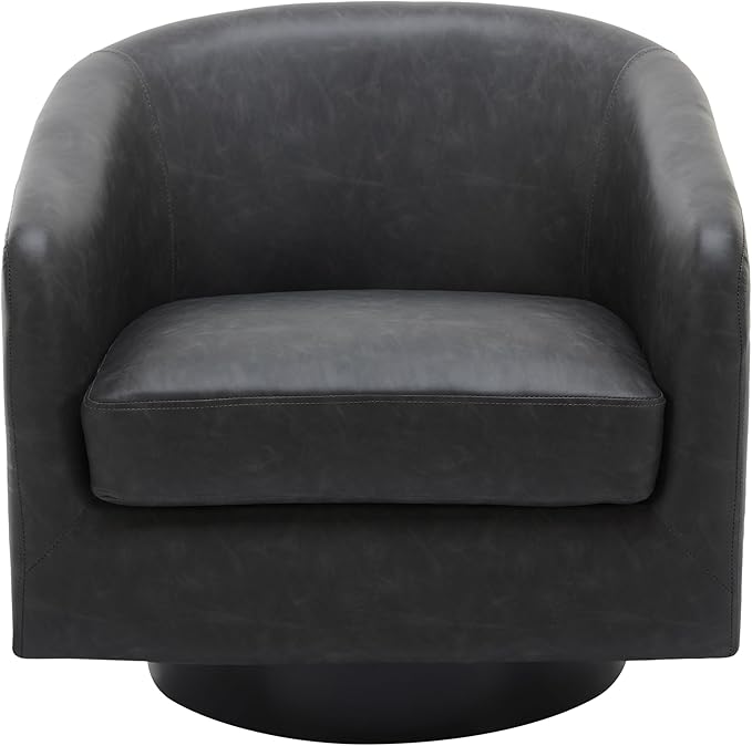 UIXE Faux Leather Swivel Accent Chair with Wood Base, Modern Upholstered Barrel Chairs for Living Room, Comfy Round Armchair Single Sofa Bedroom Reading Seat - 31" W, Black-DeskLoop Office