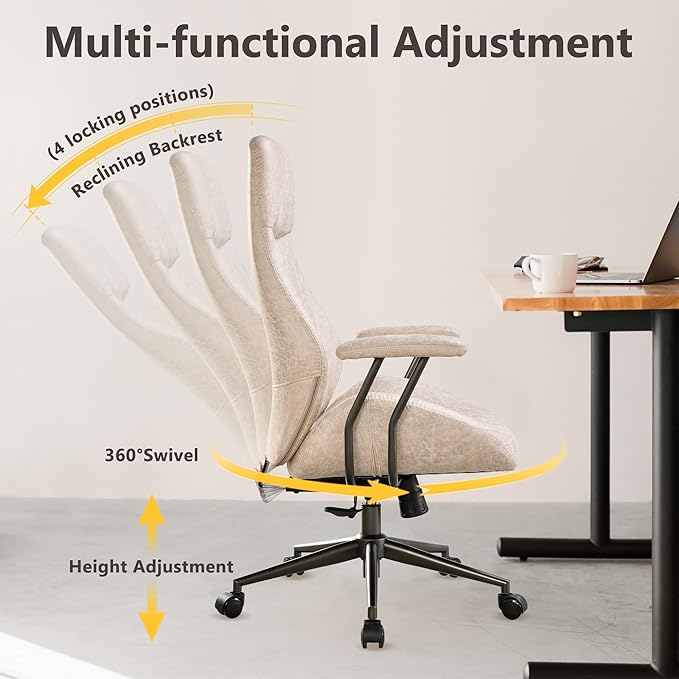 Mid Century Modren Office Chair - High Back Swivel Executive Chair with Lumbar Support,Ergonomic Computer Desk Chair with Wheels,Faux Lether Suede Task Chair,350lbs (Beige, High Back)-DeskLoop Office