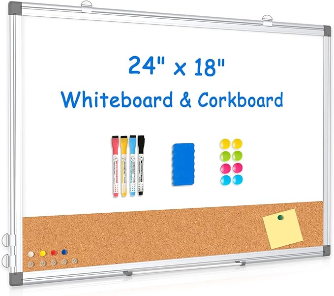 Double-Sided Whiteboard Cork Board Combo for Wall, WALGLASS 24" x 18" Dry Erase White Board Corkboard Combination, Hanging Wall Mount Bulletin Board with Aluminum Frame for Office, Home, School-DeskLoop Office