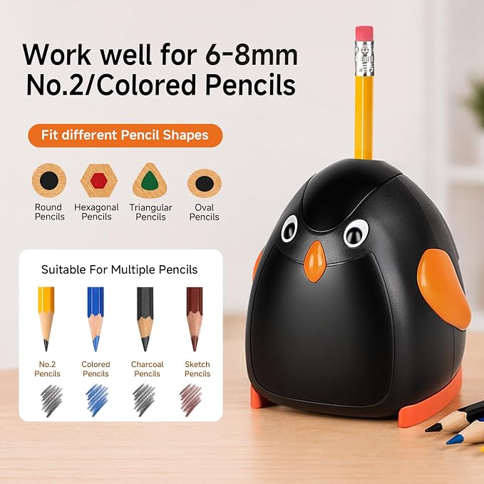 Penguin Battery Operated Pencil Sharpener, Animal-Inspired Desktop Stationery - Image 4