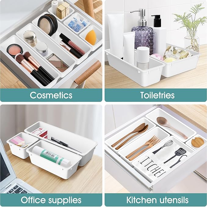 WOWBOX 25 PCS Plastic Drawer Organizer Set, 4 Sizes Desk Drawer Divider Organizers and Storage Bins for Makeup, Jewelry, Gadgets for Kitchen, Bedroom, Bathroom, Office, White-DeskLoop Office