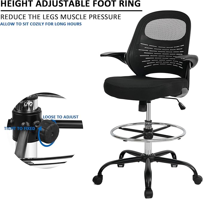 HYLONE Drafting Chair Tall Office Chair with Flip-Up Armrests Ergonomic Computer Chair with Lumbar Support Adjustable Footrest Ring Mesh Standing Desk Chair (Black)-DeskLoop Office