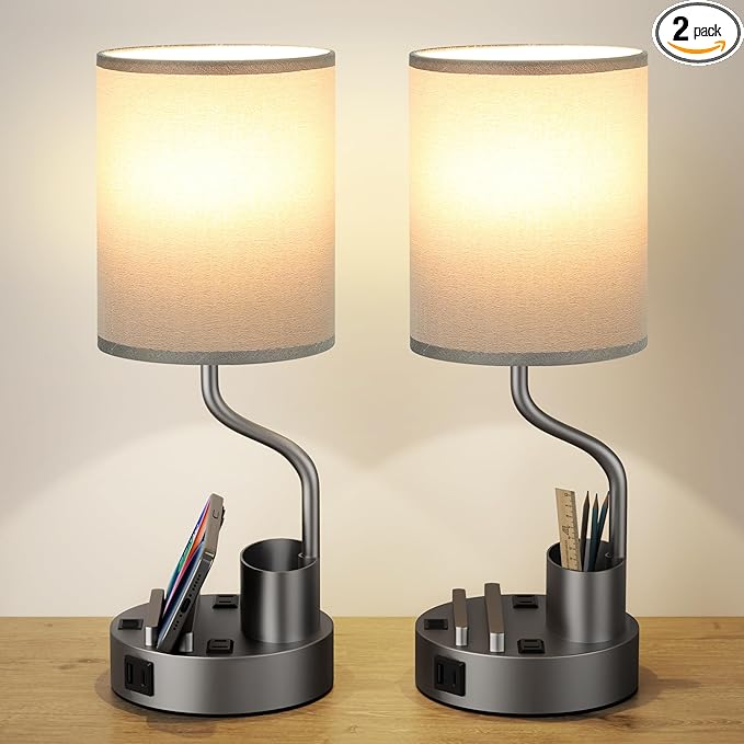 Grey Bedside Table Lamps for Bedroom Set of 2 by Fenmzeelighting