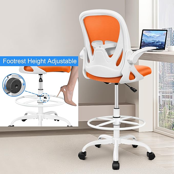 Primy Drafting Chair Tall Office Chair with Flip-up Armrests Executive Ergonomic Computer Standing Desk Chair with Lumbar Support and Adjustable Footrest Ring (Sunset Orange)-DeskLoop Office