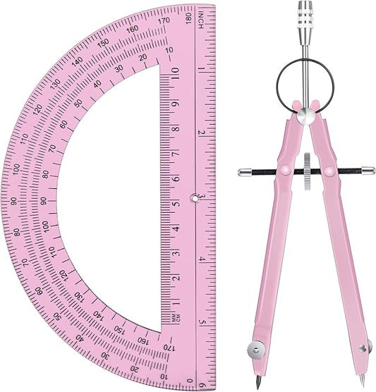 EBOOT Student Geometry Math Set, Drawing Compass and 6 Inch Clear Swing Arm Protractors 180 Degree Math Protractor(Pink and Pink)-DeskLoop Office
