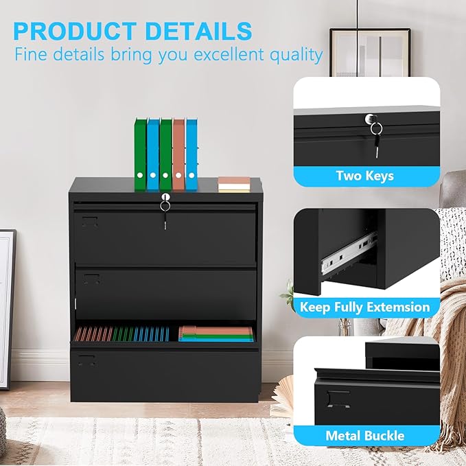 40inch Steel 3 Drawer Lateral Filing Cabinet - Lockable Metal Filing Storage, Home Office Organization, Fits Hanging Letter/Legal/F4/A4, Durable 0.6MM Coated Steel (Black)-DeskLoop Office