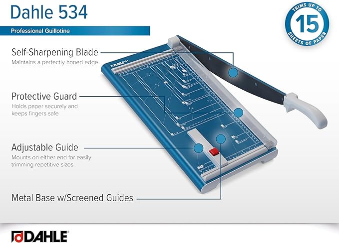 Dahle 534 Professional Guillotine Trimmer, 18" Cut Length, 15 Sheet Capacity, Self-Sharpening, Manual Clamp, German Engineered Paper Cutter-DeskLoop Office
