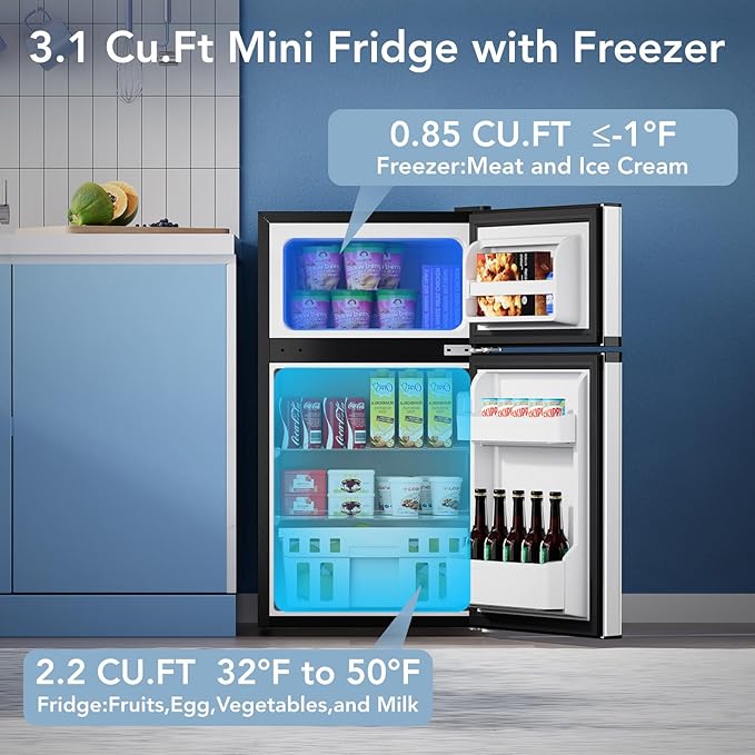 3.1 Cu.Ft Mini Fridge with Freezer, 2 Door Compact Refrigerator, Mini Fridge with Adjustable Removable Glass Shelves for Bedroom, Office, Dorm or Apartment, Stainless Steel-DeskLoop Office