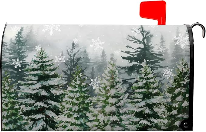 Winter Pine Trees Mailbox Covers Magnetic Christmas Green Forest Snowflakes by farg