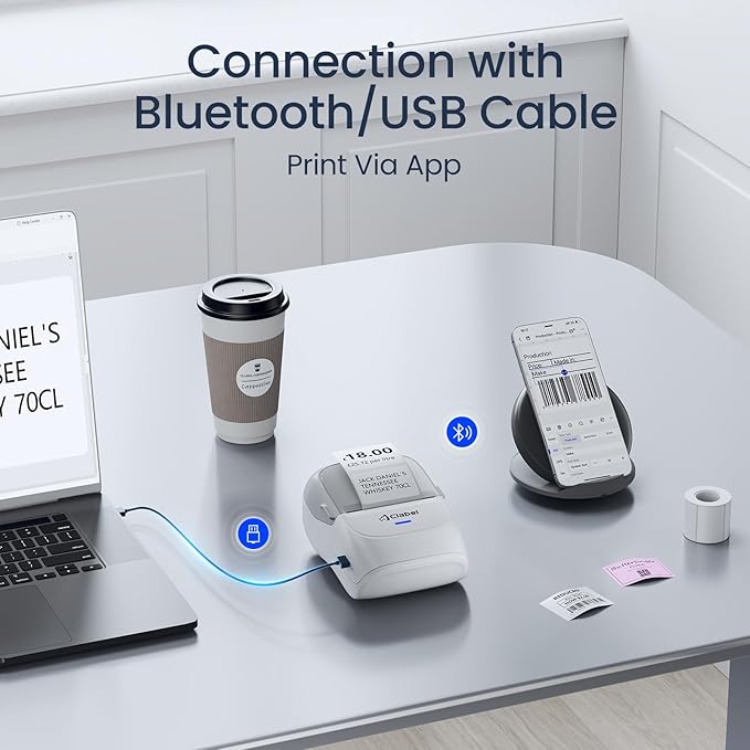 CLABEL Thermal Label Maker Machine: 221B Bluetooth Label Printer Mini Sticker Barcode Printer Inkless Label Maker Compatible with Clothing Price Labeling with 1 Roll of 50x30mm Label(Gray White)-DeskLoop Office