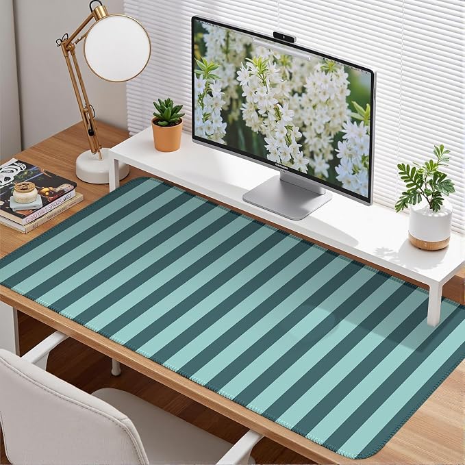 Teal Blue Striped Desk Mat Cute Pastel XXL Large Gaming Mouse Pad Desk Pad - Image 2