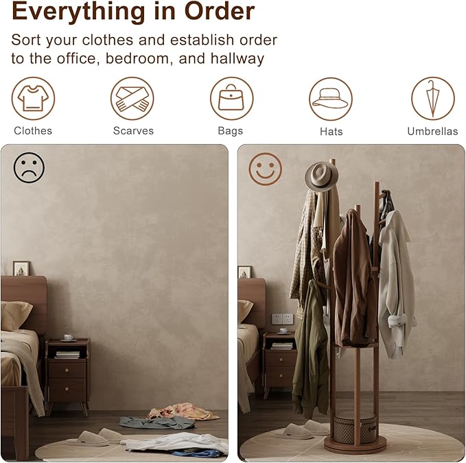 Solid Wood Rotary Coat Rack, Freestanding Coat Rack with 3 Shelves and 9 Hooks, Coat tree for Bedroom, Entryway, Livingroom, Coat Hanger Stand for Coats, Scarves, Handbags (Walnut)-DeskLoop Office