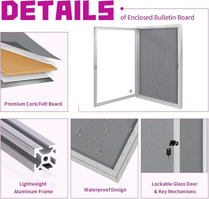 Outdoor Weatherproof Enclosed Fabric Bulletin Board,Noticeboard Case with Lockable Glass Door,Silver Aluminum Frame, 36x24 Inch (5xA4)-DeskLoop Office