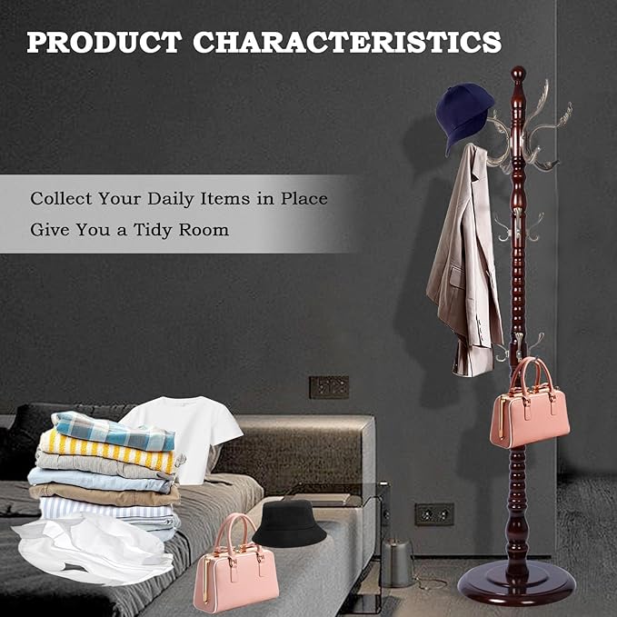 Coat Racks FreeStanding with 14 Hooks, Natural Wood Coat Rack with Solid Round Base, Adjustable Height Coat Racks, Easy Assembly for Hallway, Bedroom and Office (Reddish Brown-Metal Hook)-DeskLoop Office