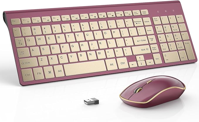 JOYACCESS Wireless Keyboard and Mouse, 2.4g Slim and Ergonomic Wireless Keyboard Mouse Combo- Full Size and Portable Design for Laptop/Windows/Computer-Wine Red Gold-DeskLoop Office