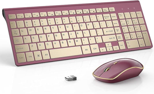 JOYACCESS Wireless Keyboard and Mouse, 2.4g Slim and Ergonomic Wireless Keyboard Mouse Combo- Full Size and Portable Design for Laptop/Windows/Computer-Wine Red Gold-DeskLoop Office