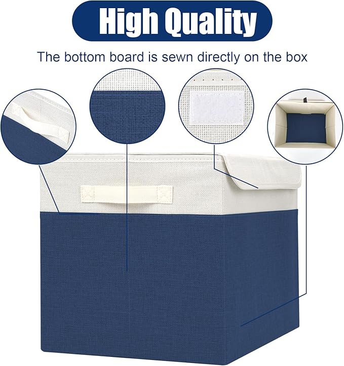 Large 17" 42 Quarts Collapsible Stackable Storage Bins with Lids [3-Pack] Foldable Fabric Linen Storage Boxes Cube, Closet Organizer Baskets with Label for Home (16.7 x 12 x 12", Navy Blue & White)-DeskLoop Office