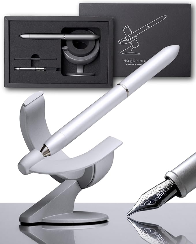 novium Hoverpen Future Edition - Luxury Metal Fountain Pen, Fine Nib, Aerospace Metal, Futuristic Desk Pen, Free Spinning Executive, Signing Pen (Frost Silver)-DeskLoop Office