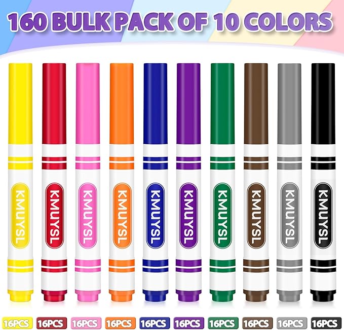 KMUYSL 160 Count Washable Markers Bulk, 10 Assorted Colors - Broad Line Conical Tip Coloring Markers for Kids, School Art Supplies & Back to School Supplies, Teacher Classroom Must Haves-DeskLoop Office