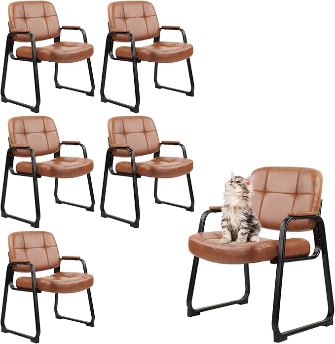 CLATINA Big & Tall 500 lb Waiting Room Chairs with Padded Armrests and Sled Base, Leather Stationary No Wheels Office Guest Chair for Reception Lobby Home and Meeting Conference, Brown （6 Pack）-DeskLoop Office