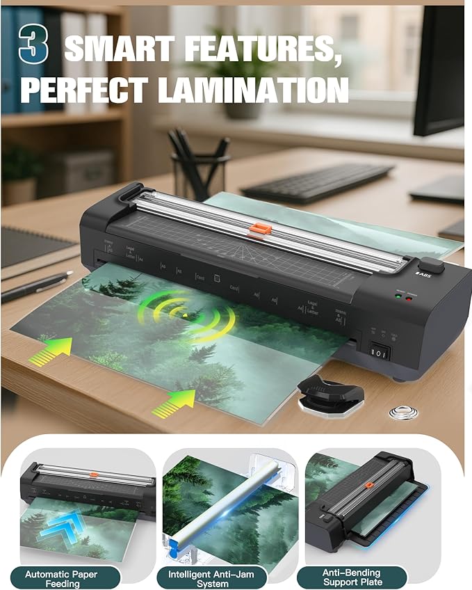 13 Inch Laminator Machine with Auto Paper Feed, Never Jam A3 Thermal & Cold Lamination, 20 Laminating Sheets, 10-in-1 Laminator with Cutter, Trimmer & Corner Rounder for Office School Home Use Black-DeskLoop Office