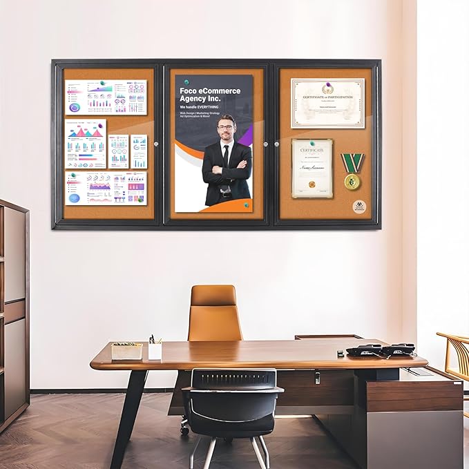 Enclosed Bulletin Board Lockable,3 Doors Weatherproof Outdoor Noticeboard with Locking Door, Wall-Mounted Aluminum Framed Presentation Board, 70x36 Inch-DeskLoop Office