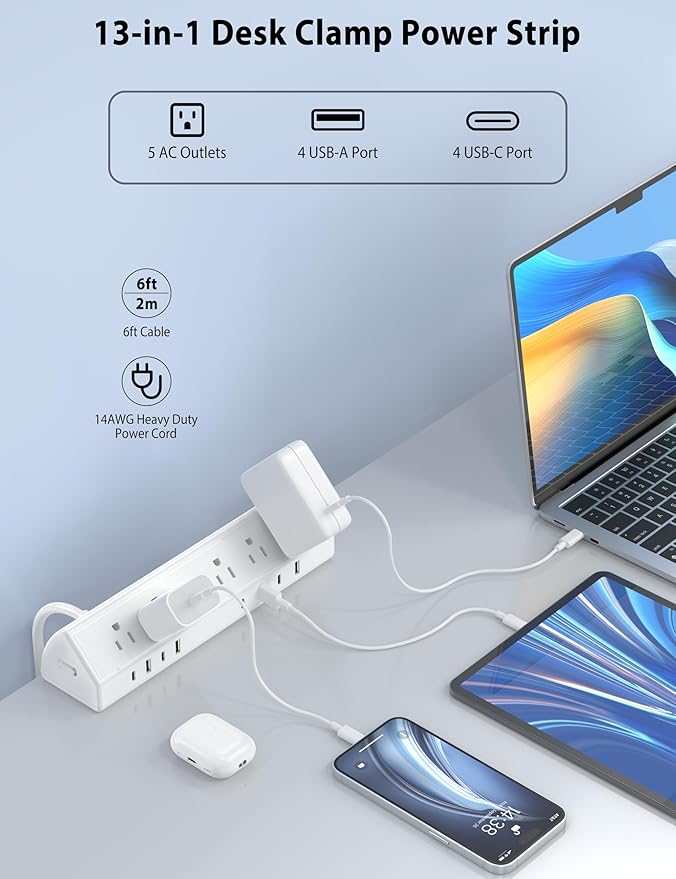 Jgstkcity Desk Clamp Power Strip,45W Fast Charging Station,4 USB-C,4 USB-A,Desk Mount Surge Protector,1875W Extension Cord with Multiple Outlets,ETL Listed,for Home Office Dorm Room,White,6 FT-DeskLoop Office