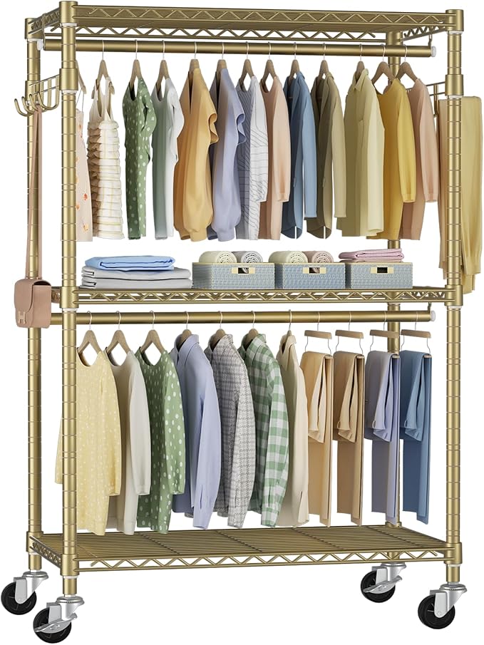 P1 Rolling Clothes Rack, Movable Metal Garment Closet Organizer with Lockable Wheels, Clothing Wardrobe with Double Hanger Rods and Hooks, 35.4" W x 15.7" D x 80.5" H, Load 450lbs, Gold-DeskLoop Office